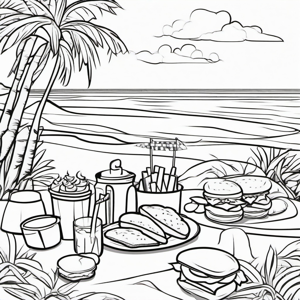 Beach picnic with sandwiches and lemonade  simple coloring pages