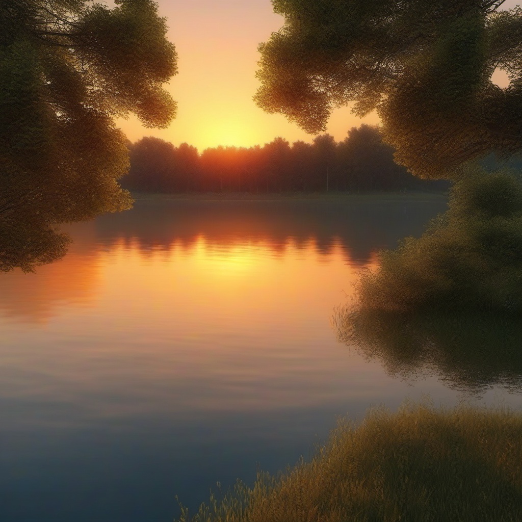 Sunset over a tranquil lake top view, photo realistic background, hyper detail, high resolution