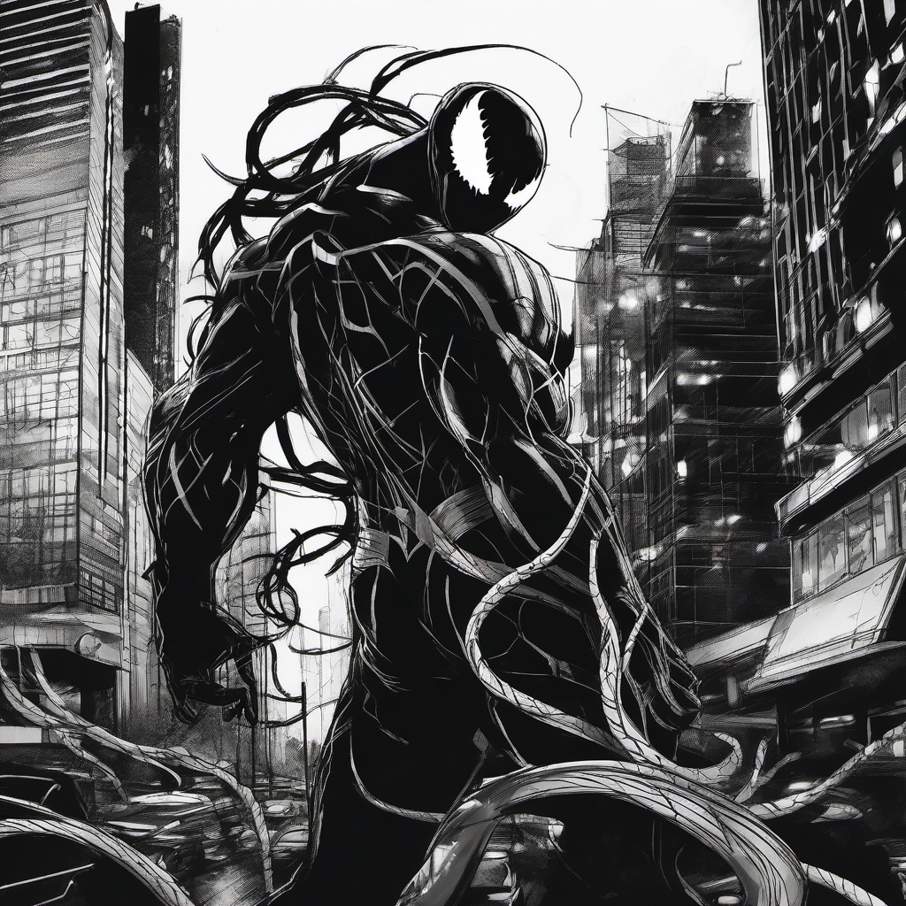 drawing of Venom in a city  minimal rough sketch scribbles,doodles,black and white