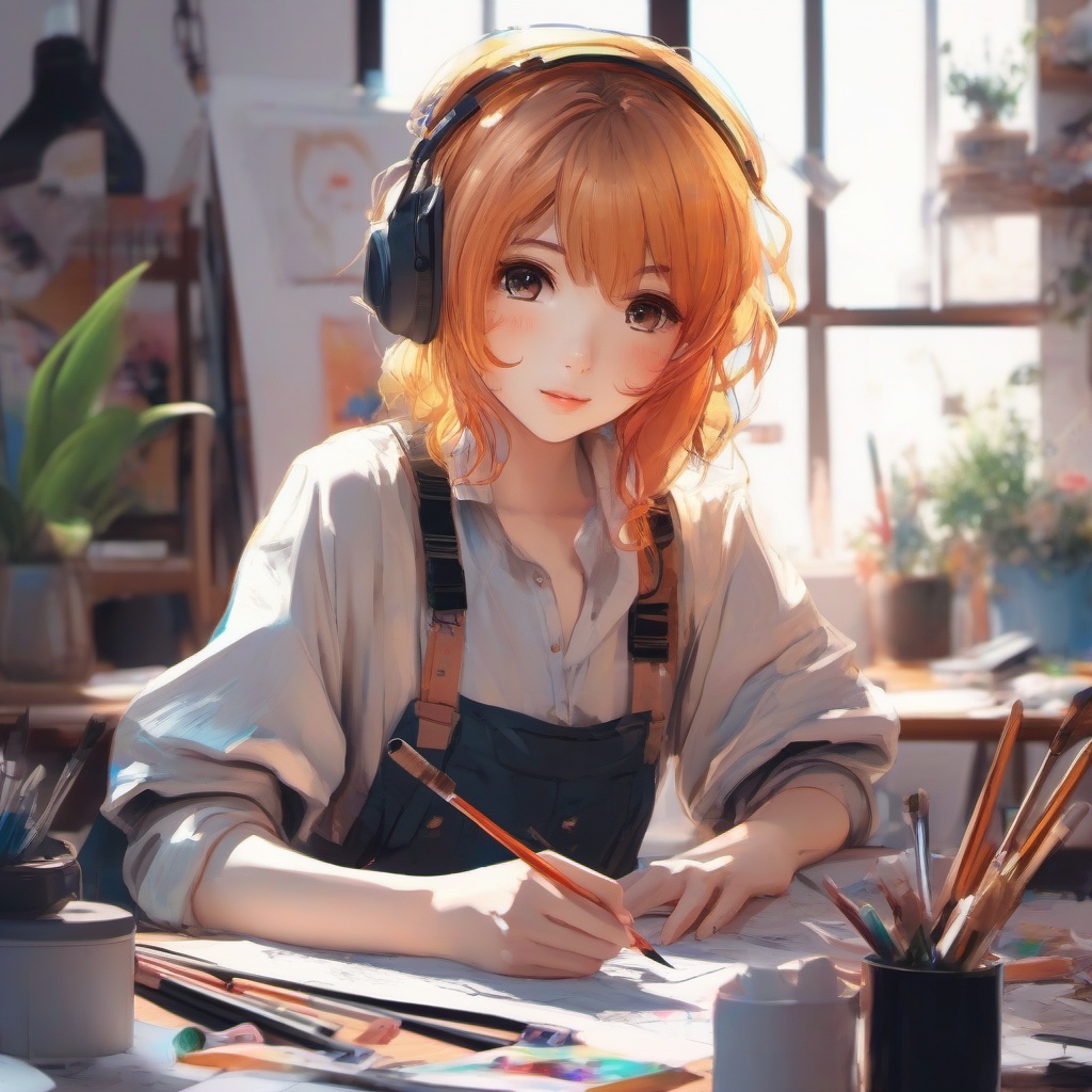 Anime artist sketching in a studio filled with creative chaos.  front facing ,centered portrait shot, cute anime color style, pfp, full face visible