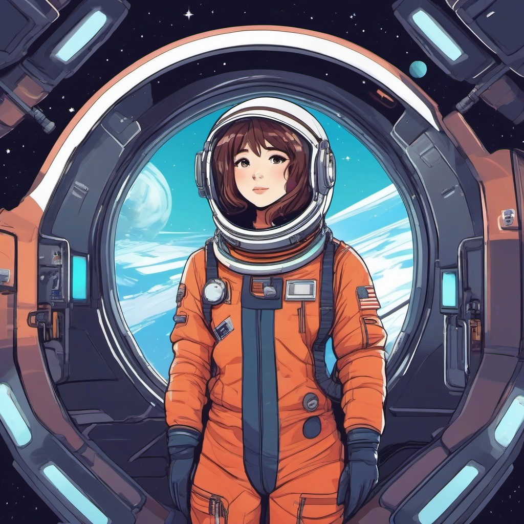 Adventurous astronaut in a space station.  front facing ,centered portrait shot, cute anime color style, pfp, full face visible