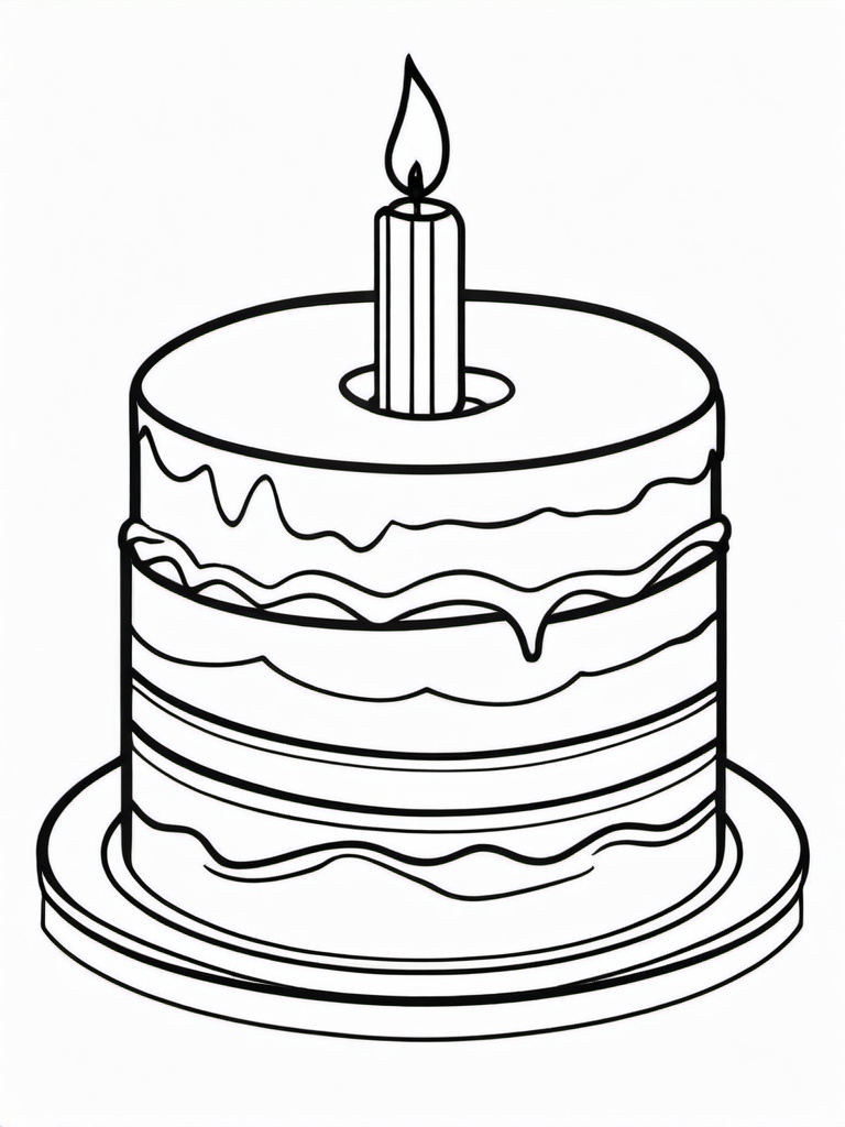 Birthday Cake with Lit Candle Coloring Pages - Single Candle Glowing on Cake  minimal black outline printable sheet, coloring page