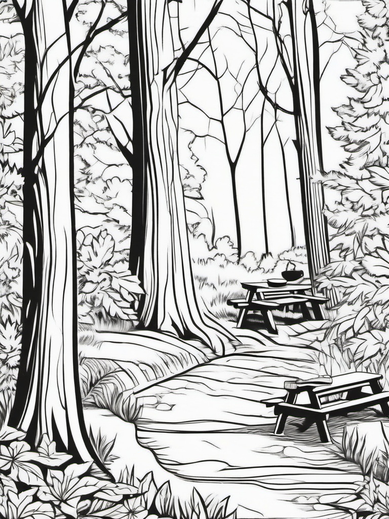 Forest scene with a picnic setup  simple coloring pages