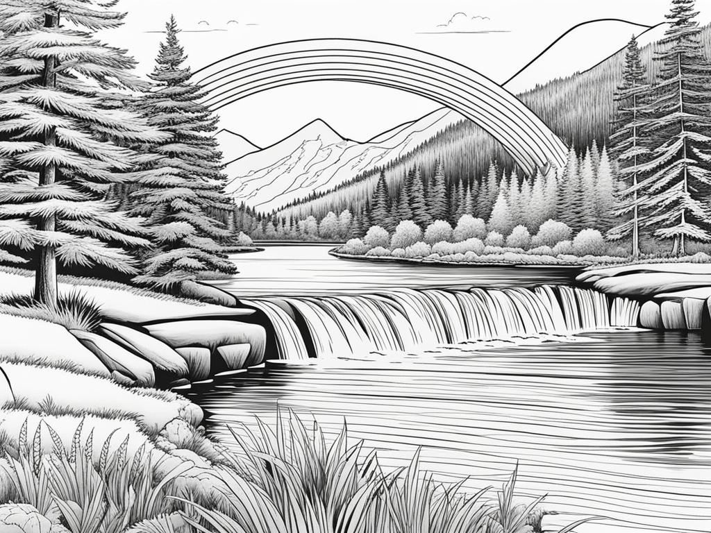 rainbow coloring pages - a rainbow stretches over a tranquil river in the mountains. 