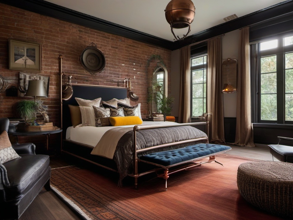 The master bedroom embraces steampunk interior design with a wrought iron bed frame, layered textiles, and eclectic decor that create a chic and tranquil haven for sleep.  