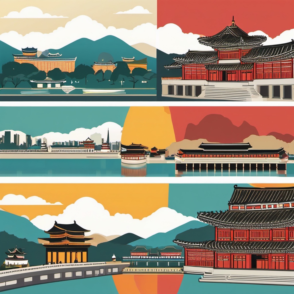 Seoul clipart - Gyeongbokgung Palace and Seoul skyline,  color vector clipart