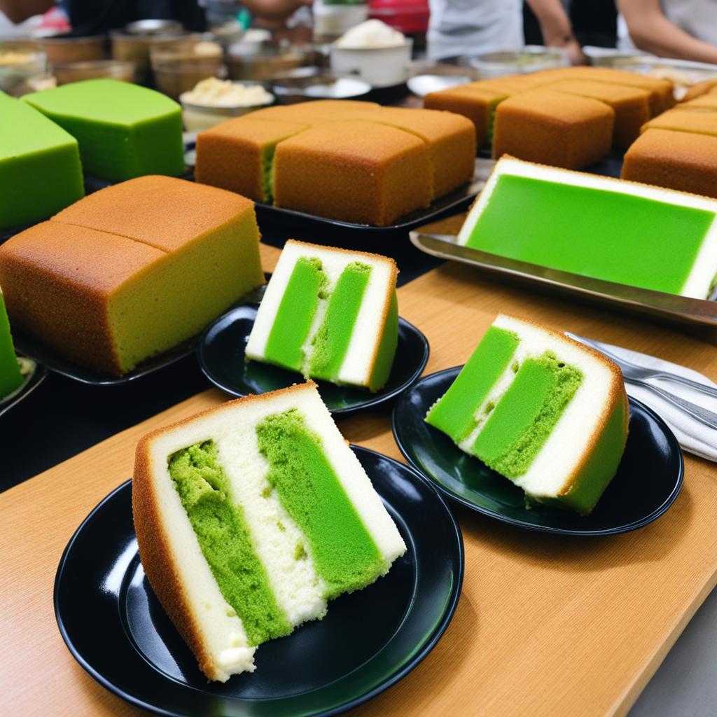 pandan chiffon cake, southeast asian green cake, devoured at a bustling food market in singapore. 