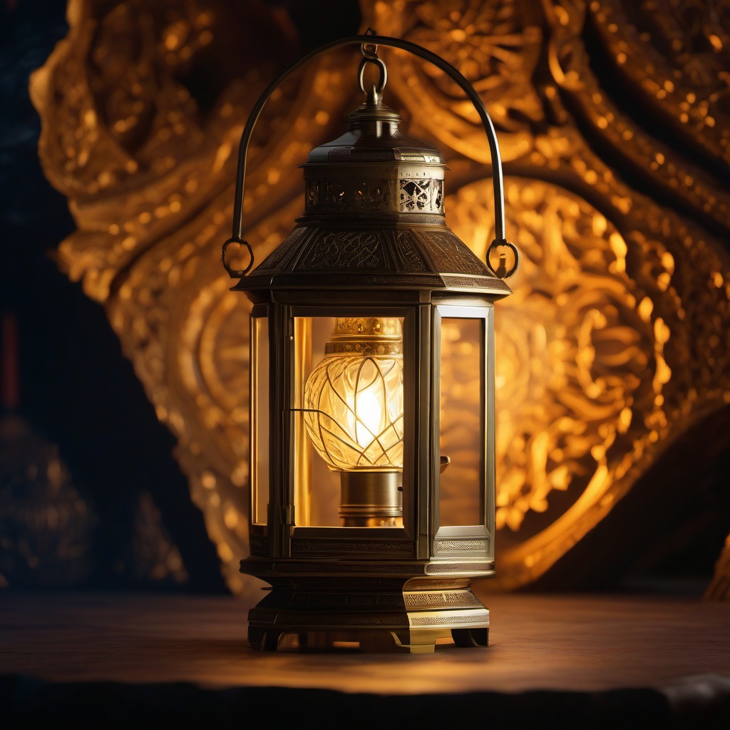 Antique brass lantern, its surface etched with intricate designs, illuminates depths of dark cave, revealing secrets hidden for centuries. hyperrealistic, intricately detailed, color depth,splash art, concept art, mid shot, sharp focus, dramatic, 2/3 face angle, side light, colorful background