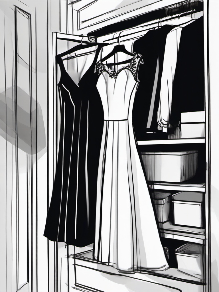 drawing of a dress in a closet  minimal rough sketch scribbles,doodles,black and white