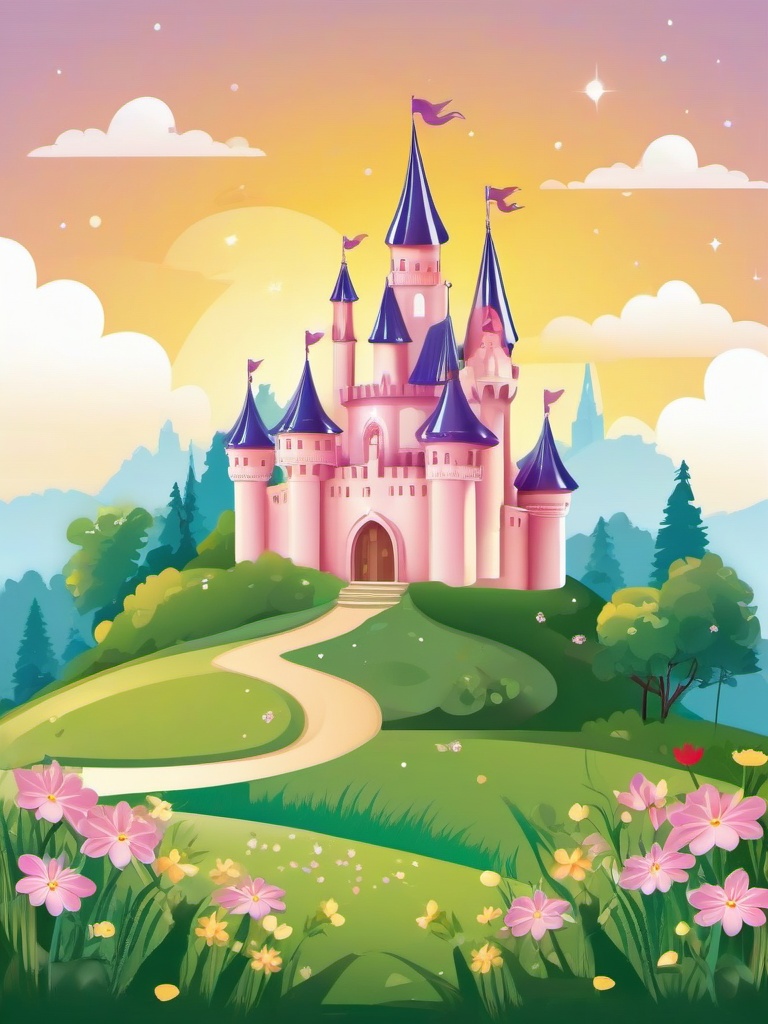 Fairytale princess castle in a meadow clipart.  vector style illustration, white background