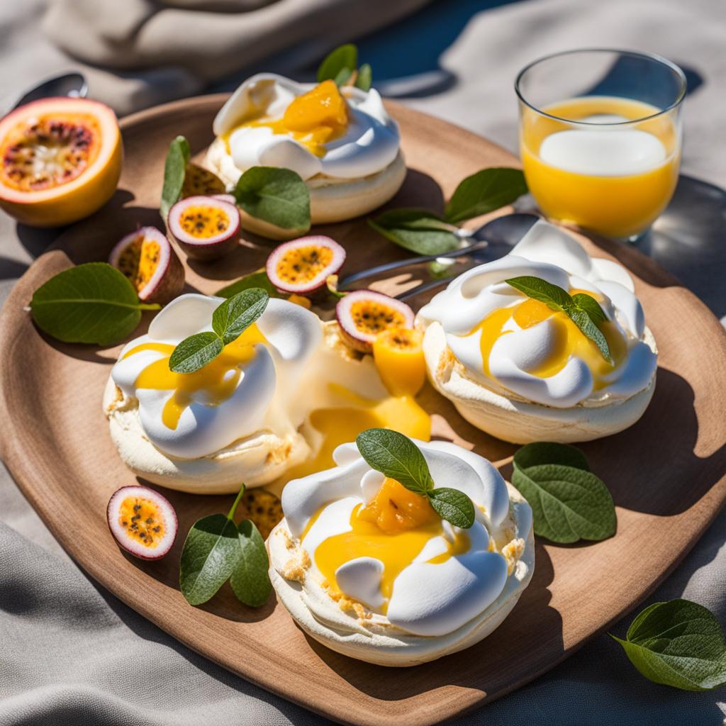 pavlova with passion fruit, a meringue dessert, enjoyed at a beachfront picnic on a sunny day. 