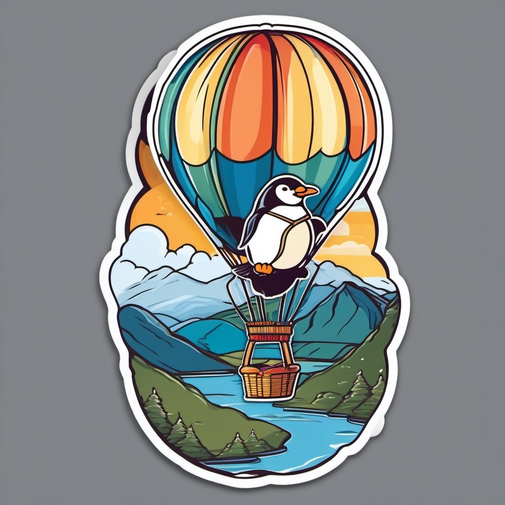 Penguin in Hot Air Balloon Sticker - A penguin soaring in a hot air balloon over scenic landscapes. ,vector color sticker art,minimal