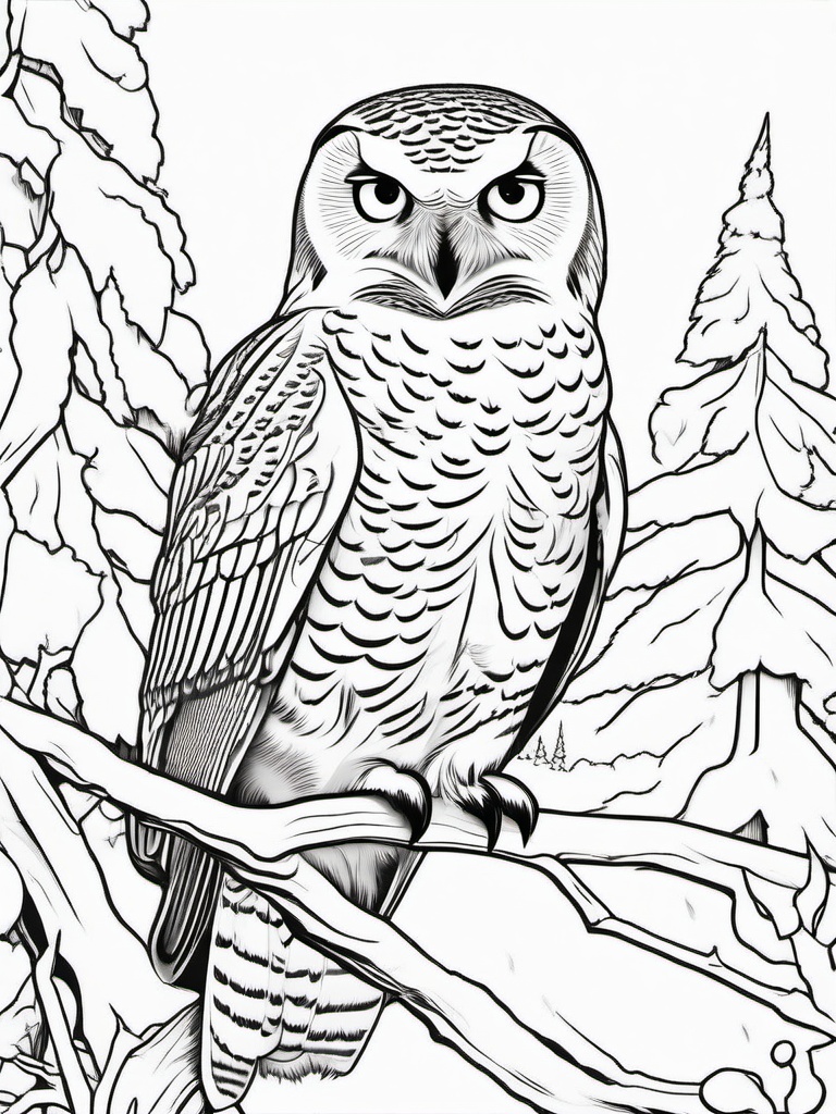 Winter Owl Coloring Pages - Snowy Owl in a Winter Scene  minimal black outline printable sheet, coloring page