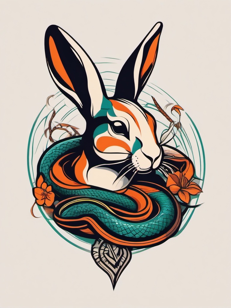 rabbit and snake tattoo  minimalist color tattoo, vector