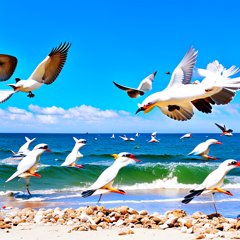 seagulls organizing a synchronized 'french fry snatching' performance at the beach. 