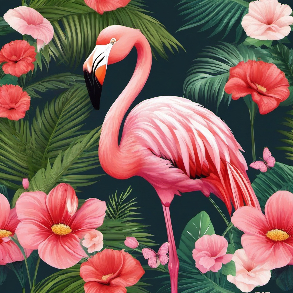 Flamingo clipart - flamingo with flowers in a garden  