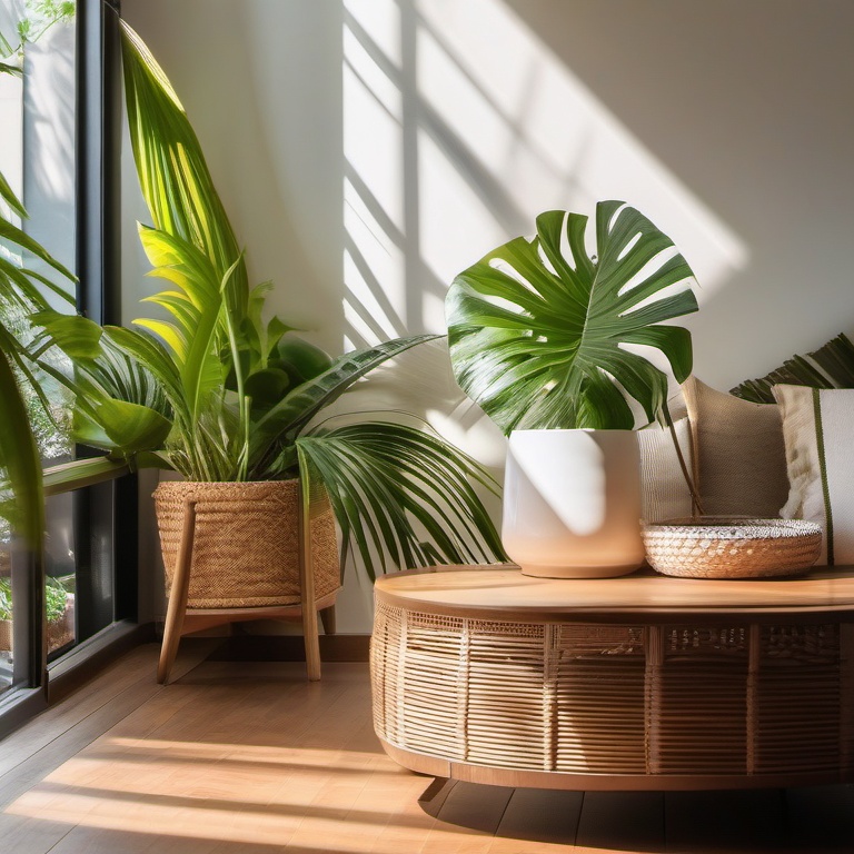 potted plant on a wooden table in a bright tropical-inspired living room with sun light