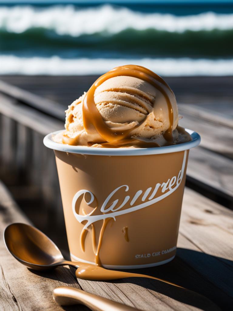 salted caramel ice cream savored on a coastal boardwalk with crashing waves. 