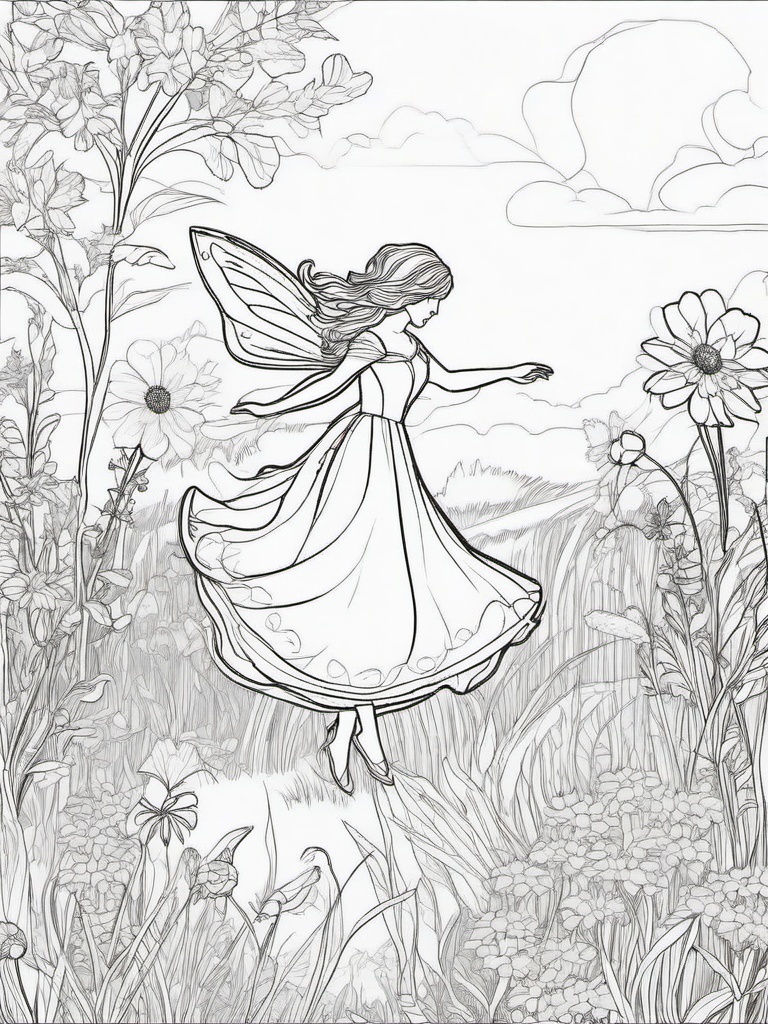 Fairy in a Magical Meadow Coloring Pages - Fairy Dancing in a Sunlit Meadow  minimal black outline printable sheet, coloring page