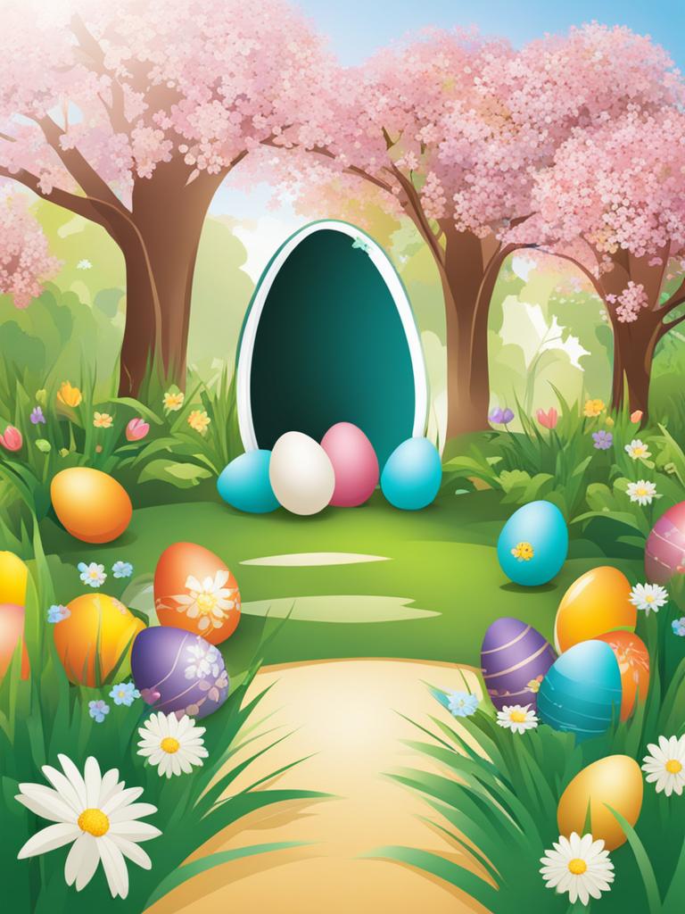 easter clip art: hiding colorful eggs in a blooming garden. 