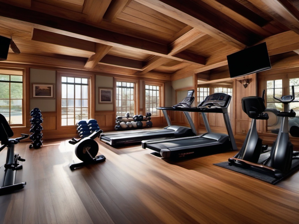 In the gym room, American Colonial interior design includes rustic wooden equipment, soft colors, and a well-organized layout that enhances fitness activities in a charming environment.  