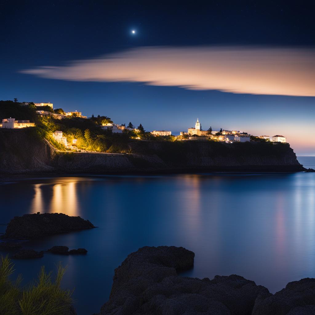 noto peninsula - paint a peaceful night view of noto peninsula, where starlight reflects on calm waters and fishing boats create a mesmerizing, glittering horizon. 