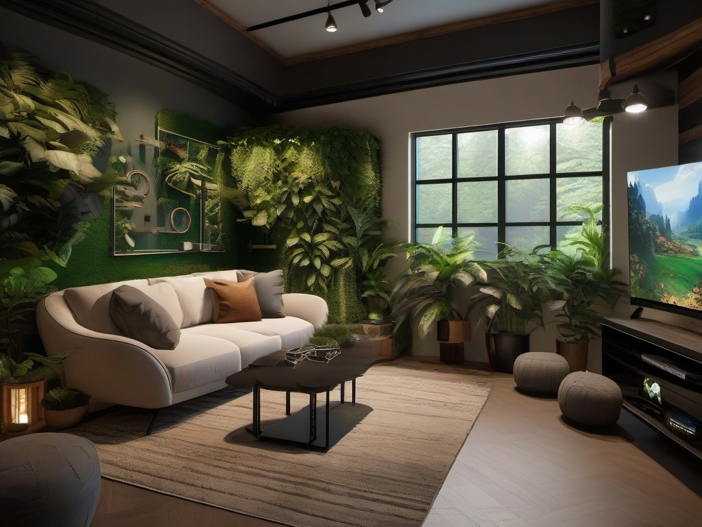 Biophilic interior design in the gamer room incorporates earthy tones, natural textures, and ample greenery, blending comfort and a sense of nature into the gaming experience.  