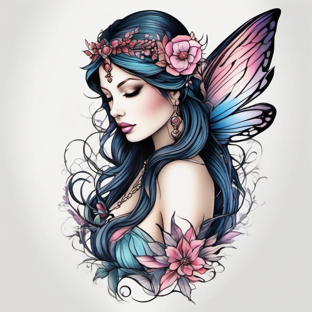 fairy princess tattoo  simple color tattoo style,white background