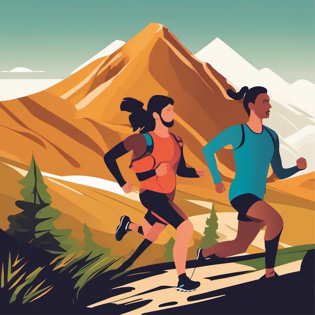 Trail Running in Hilly Terrain Clipart - Trail runners in hilly terrain.  color vector clipart, minimal style