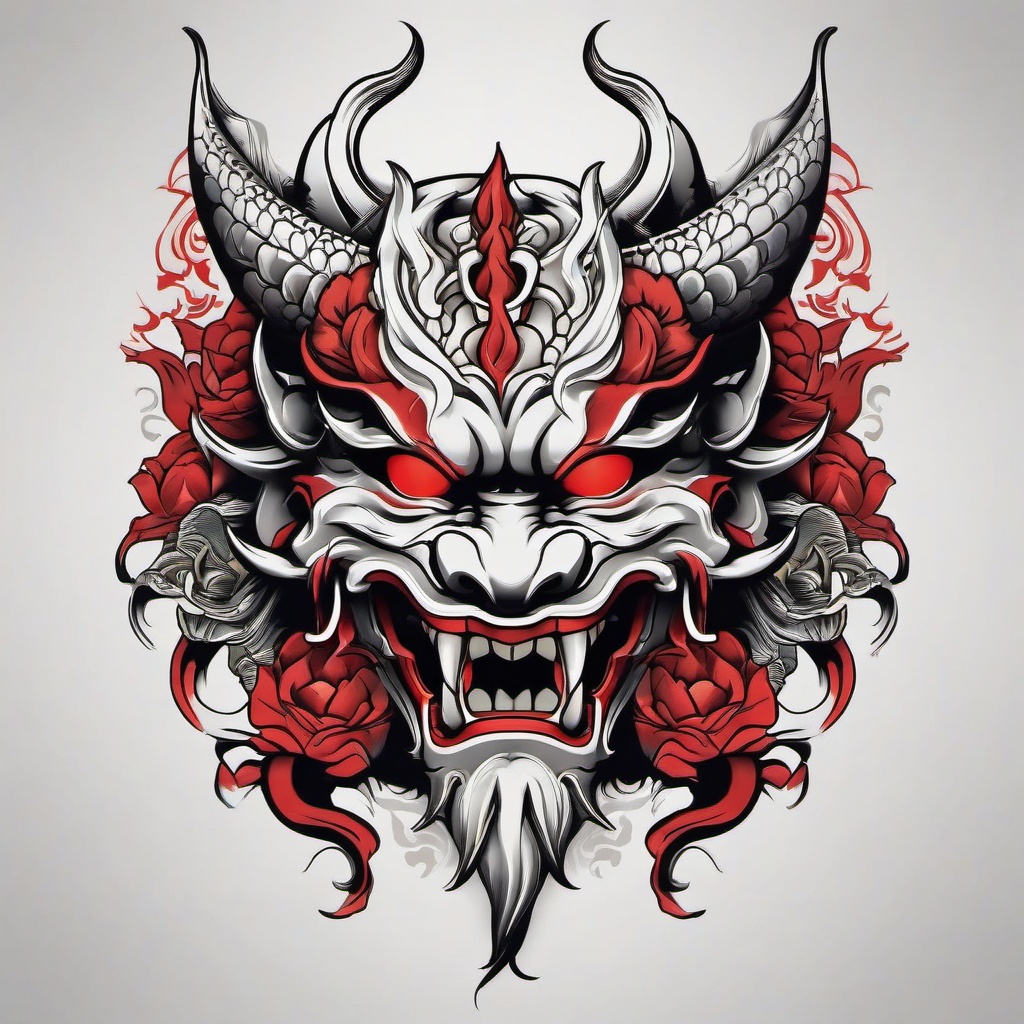 Oni Mask with Dragon Tattoo - Tattoo featuring the Oni mask alongside a dragon motif.  simple color tattoo,white background,minimal