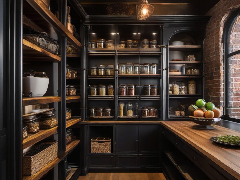 The pantry showcases steampunk interior design with rustic shelving, vintage containers, and industrial accents that make food storage both practical and visually appealing.  