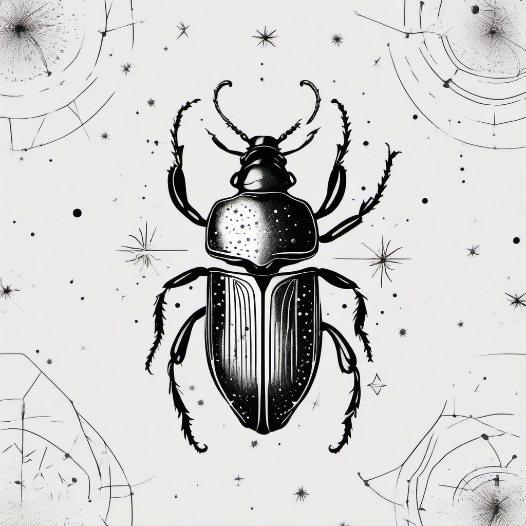 Beetle with cosmic elements ink. Celestial insect connection.  minimal color tattoo design