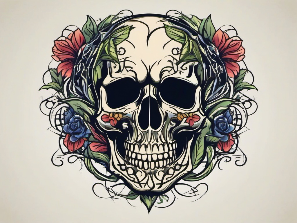 skull with vines tattoo  simple vector color tattoo