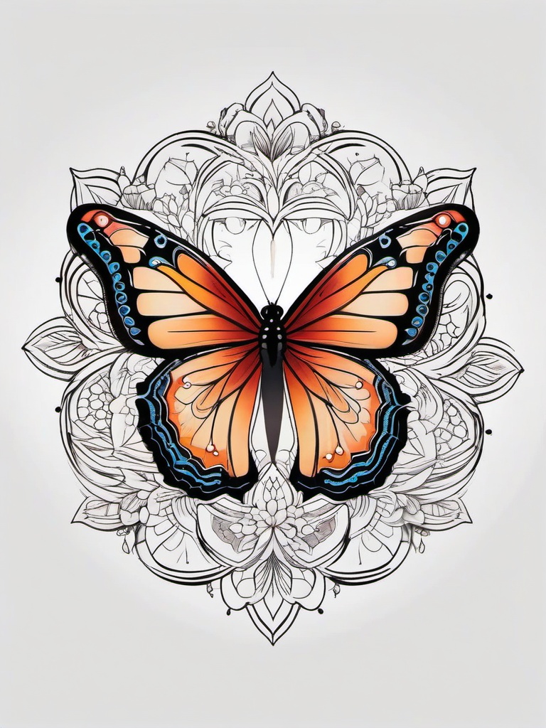 butterfly flower mandala tattoo  simple color tattoo, minimal, white background