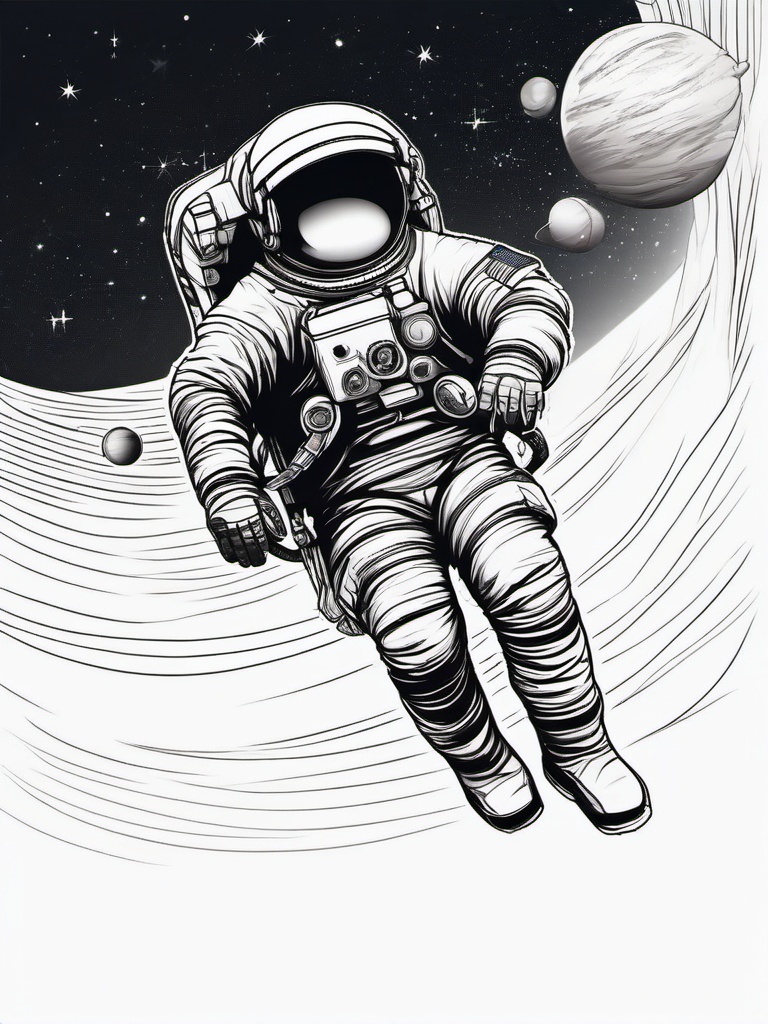 Astronaut Tattoo - An astronaut tattoo floating in zero gravity  few color tattoo design, simple line art, design clean white background