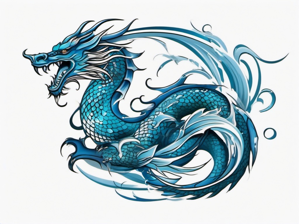 Dragon Water Tattoo - Tattoos with dragon motifs incorporating water elements for a fluid design.  simple color tattoo,minimalist,white background