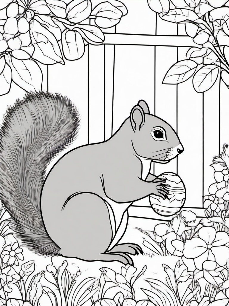 Easter Egg and Squirrel Coloring Pages - Squirrel Finding Eggs in the Garden  minimal black outline printable sheet, coloring page