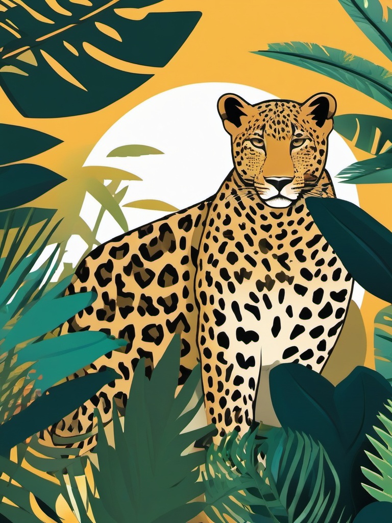 Leopard Clip Art - Stealthy leopard camouflaged in the jungle,  color vector clipart, minimal style