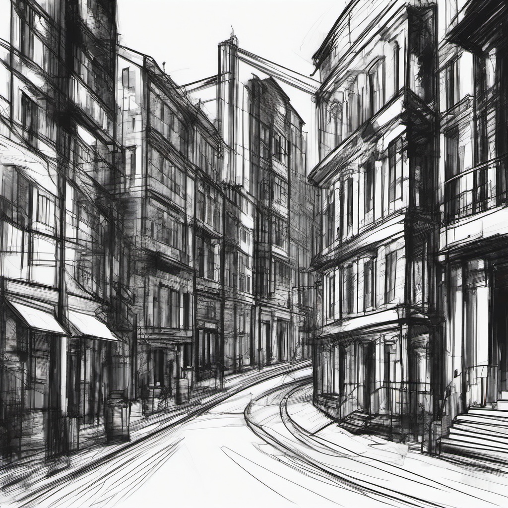 drawing of a street filled with buildings  minimal rough sketch scribbles,doodles,black and white