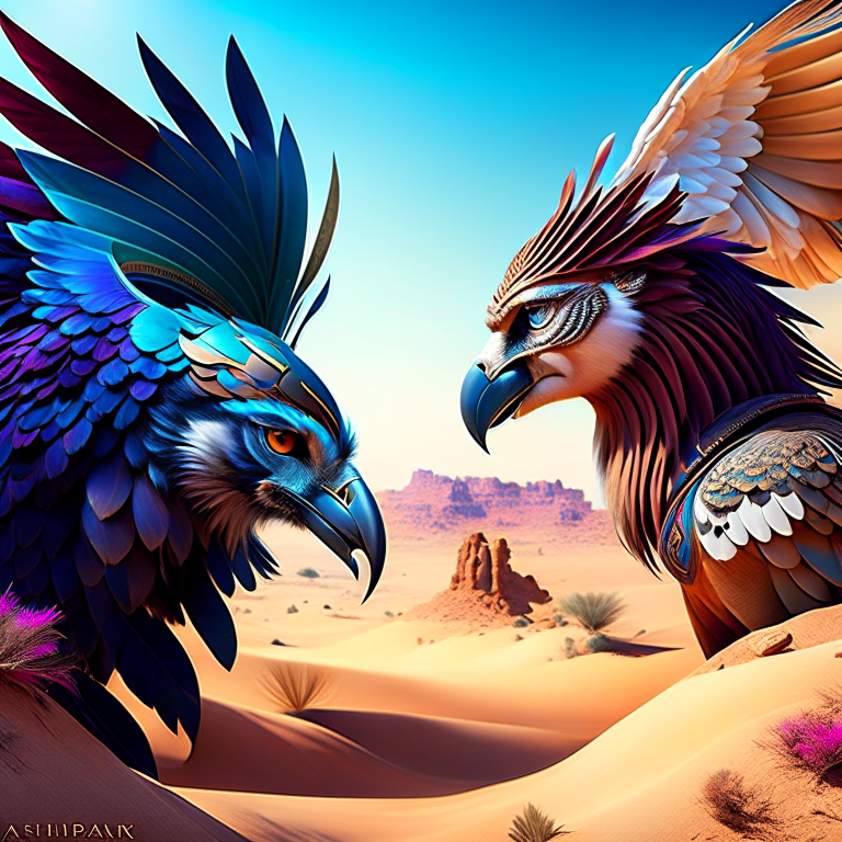 harpy vs sphinx - enigmatic beings challenge each other in a riddle-filled desert oasis, feathers and enigmas swirling. 