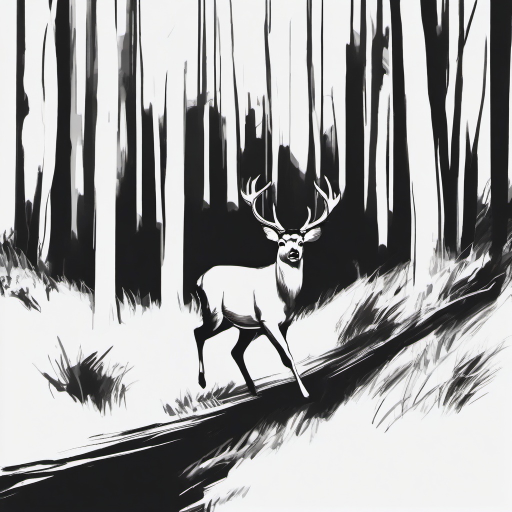 drawing of a deer running through the woods  minimal rough sketch scribbles,doodles,black and white