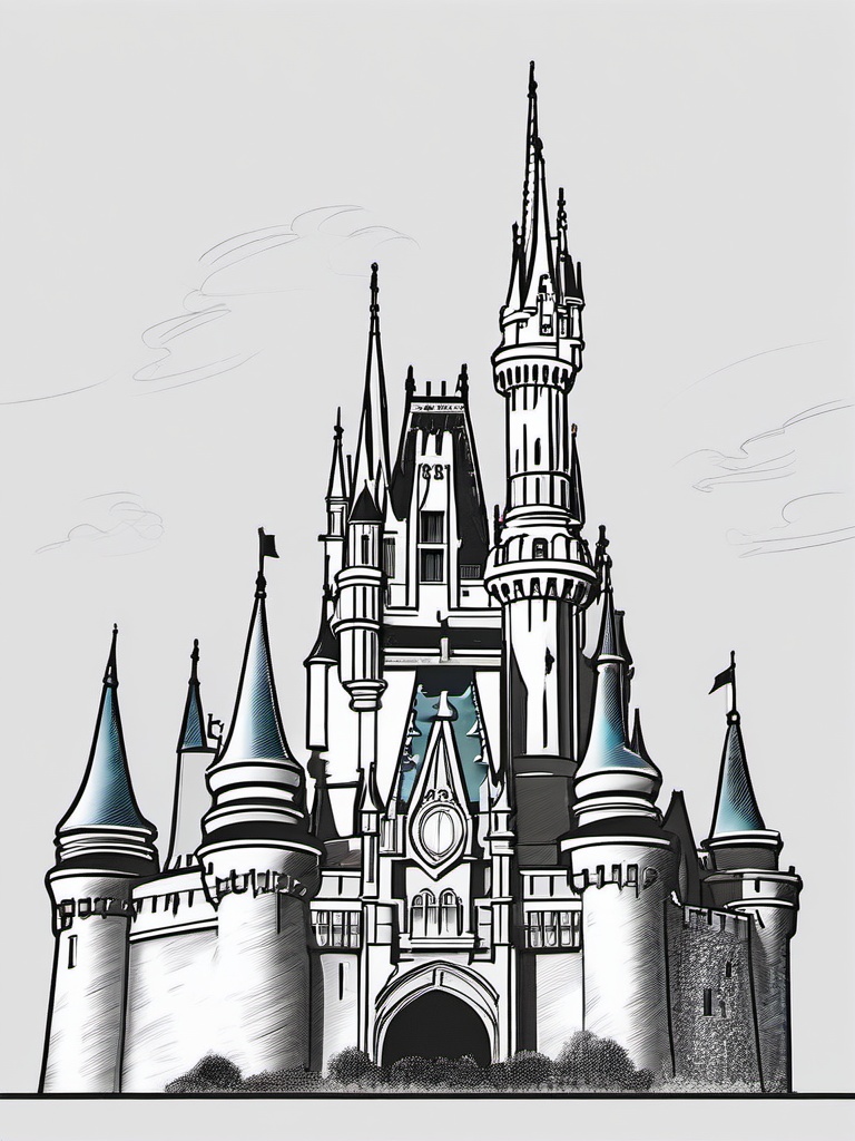 drawing of disney castle  minimal rough scribbles,doodles,black and white