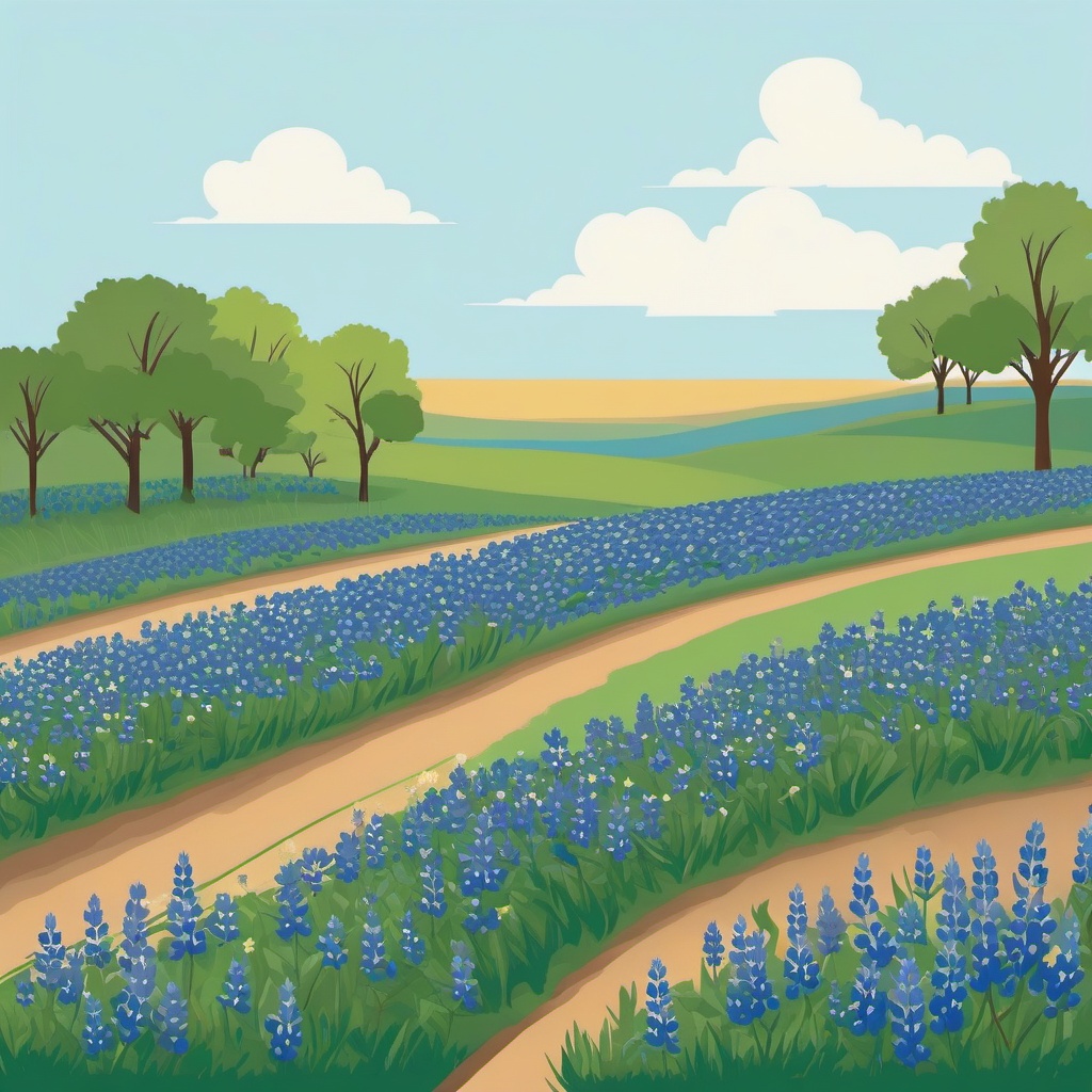 Bluebonnet Clip Art - Fields of bluebonnets in full bloom,  color vector clipart, minimal style