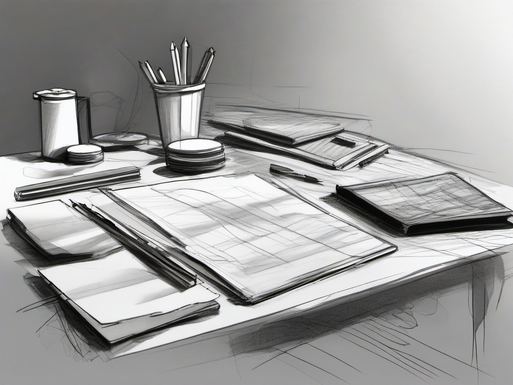 drawing of things scattered on a table  minimal rough sketch scribbles,doodles,black and white