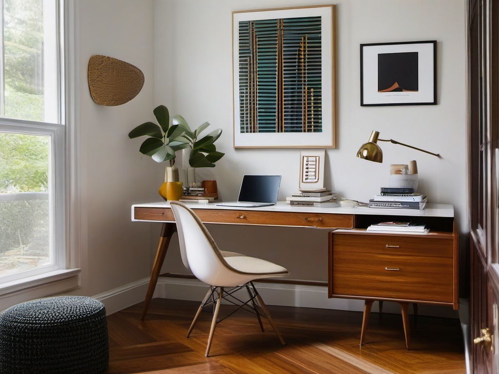 Mid-century modern office with Herman Miller desk chair, a Knoll wooden desk, and West Elm geometric wall decor.  