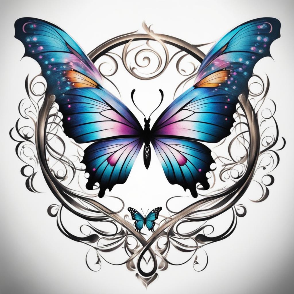 Infinity butterfly tattoo, Butterfly tattoos incorporating the infinity symbol.  viviid colors, white background, tattoo design