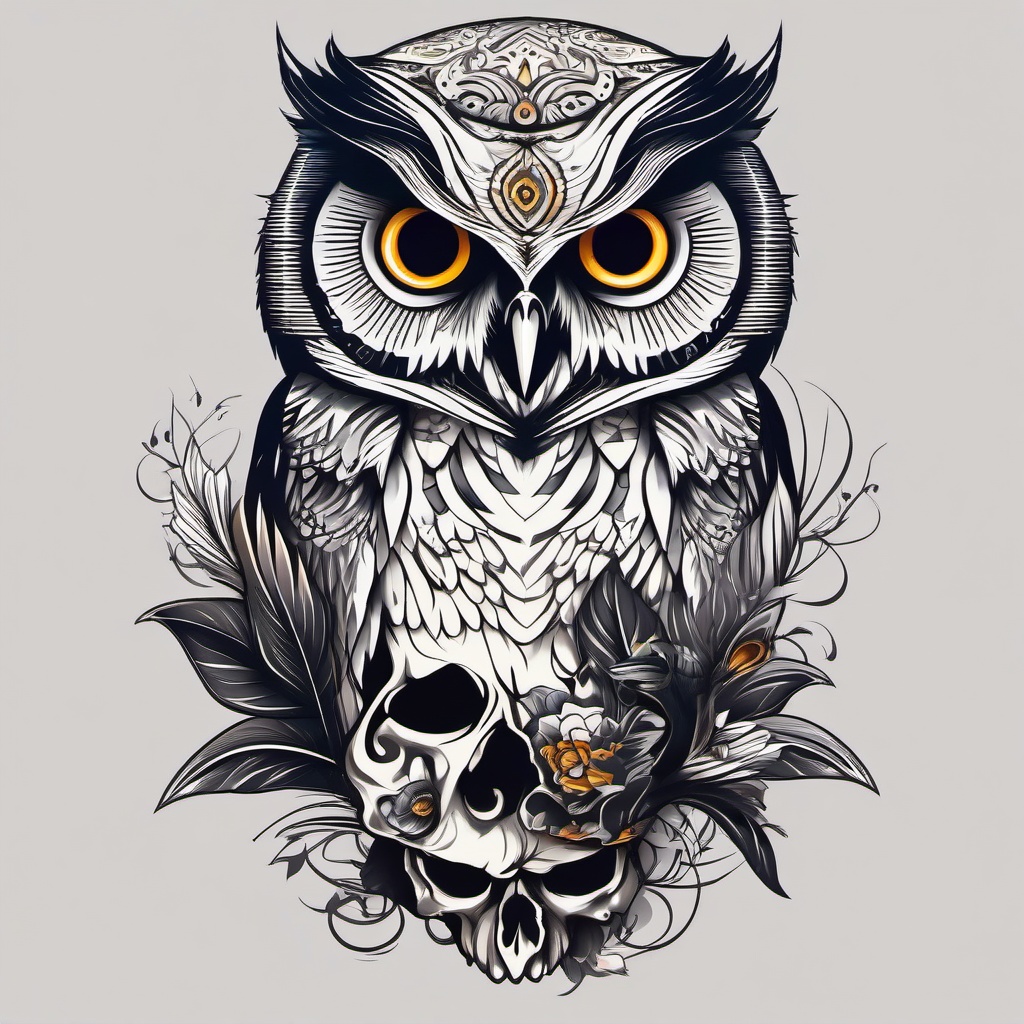 Owl on Skull Tattoo - Blend elements of life and death with an owl perched on a skull tattoo.  simple color tattoo,vector style,white background