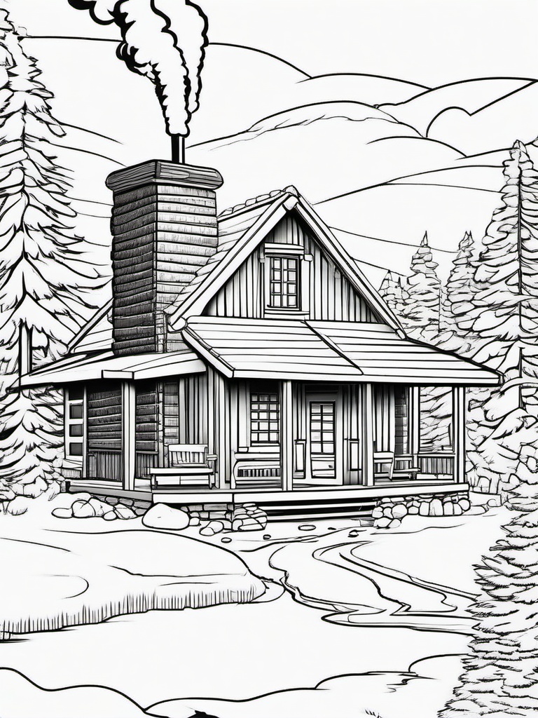 House Coloring Pages - Cozy log cabin with a fireplace and smoke coming from the chimney  simple coloring pages