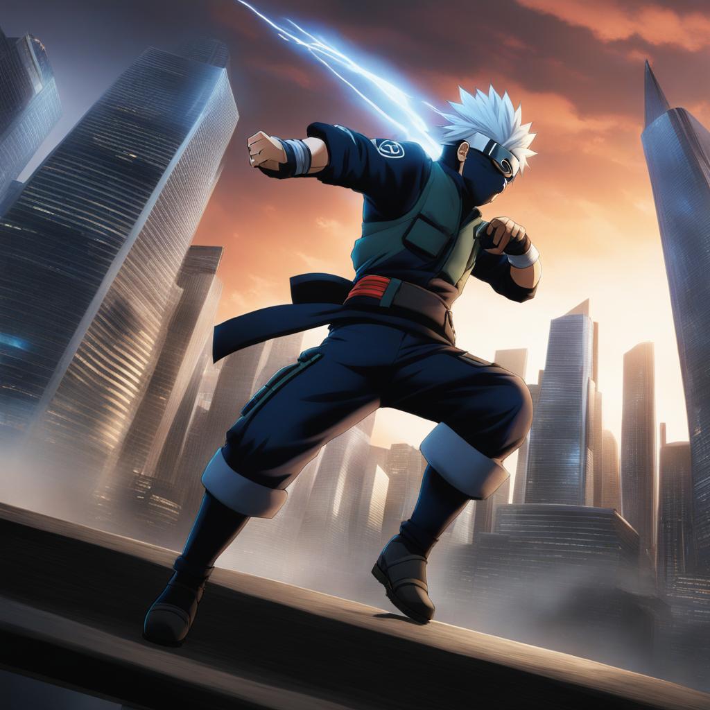 kakashi hatake engages in a high-speed duel among towering skyscrapers. 