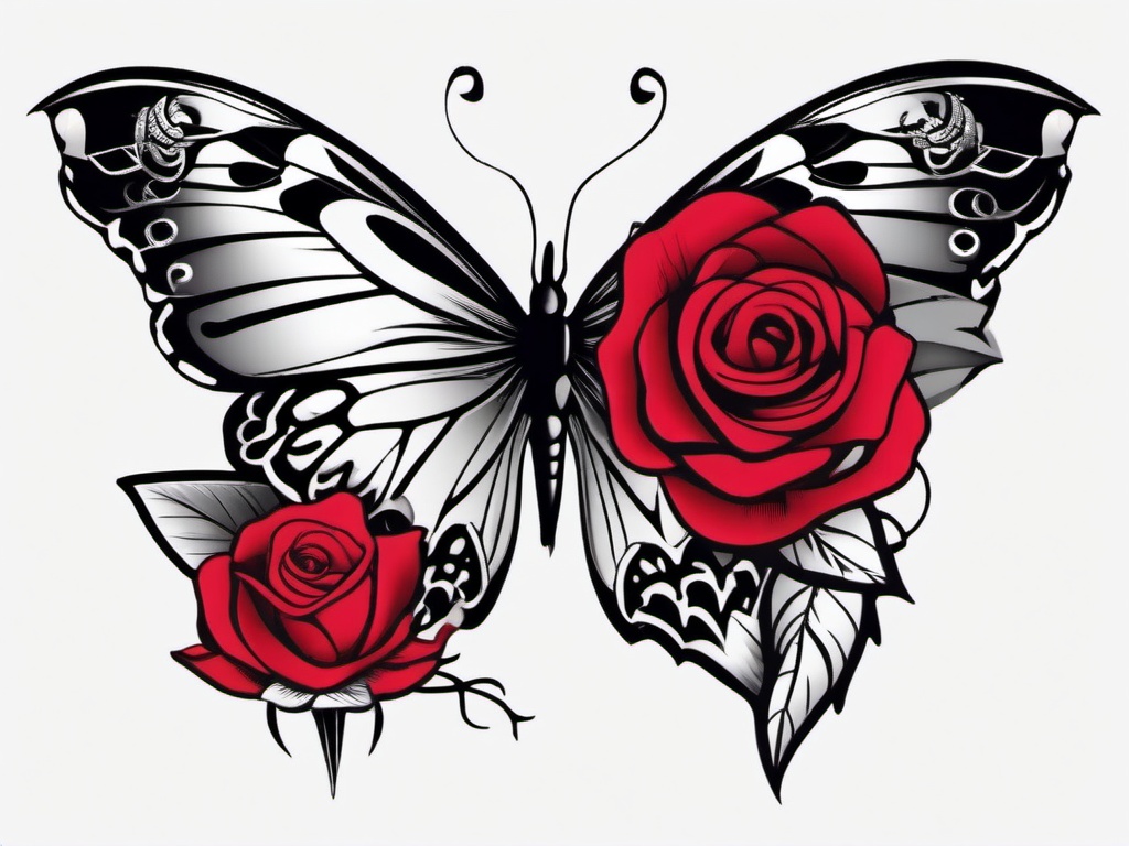 butterfly and rose tattoo ideas  simple color tattoo,white background,minimal